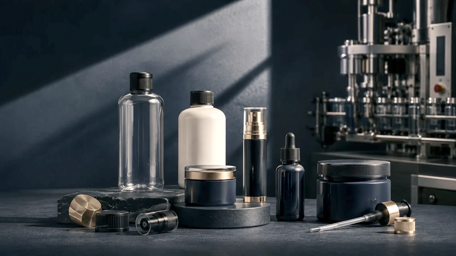 Premium bottles, jars, caps, pumps, droppers, containers, and packaging machine setup